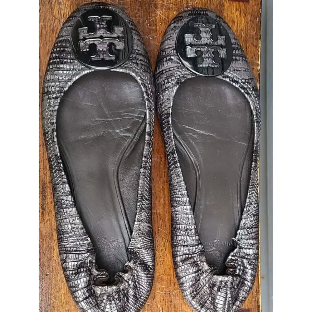 Tory Burch Reva Black Silver Snake Print Leather Ballet Flats size 8M